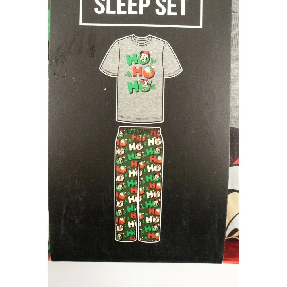 Disney Mickey Mouse Pajama Set Men Large Tee Microfleece Pajama Christmas HOHOHO